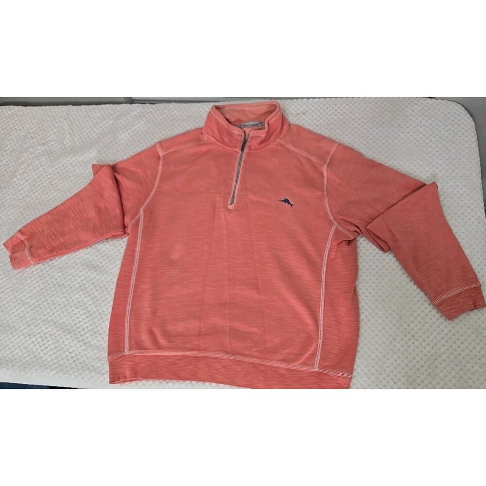 Tommy Bahama Quarter Zip Pullover Mens Large Coral Pink Lightweight Golf Sweater